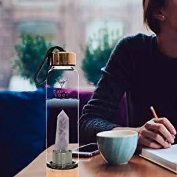 Anthropologie Gypsy Soul Rose Quartz Crystal Glass Water Bottle - Picture 6 of 7